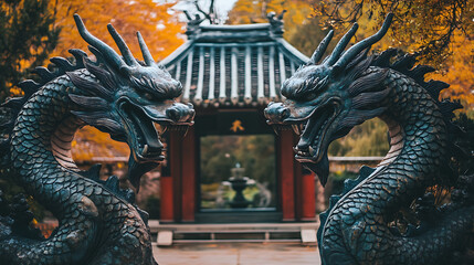 Fototapeta premium of a traditional Chinese temple with dragon statues at its entrance 