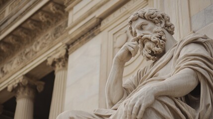 Obraz premium Thoughtful statue of a philosopher sitting in front of a grand architectural backdrop
