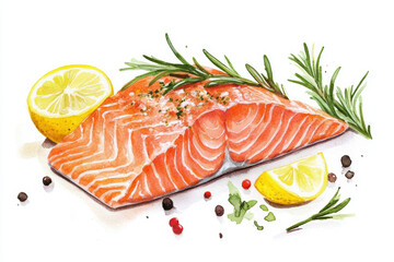 A fresh salmon steak topped with black pepper, rosemary and lemon slices. The overall picture is colorful and gives people a healthy and delicious feeling.