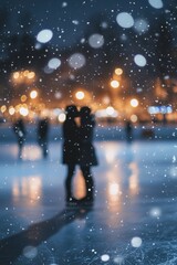 Naklejka premium Lovely couple skate together on ice surface with holiday lights bokeh.