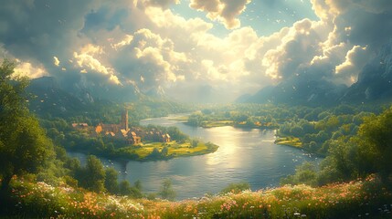 Idyllic river valley sunset, castle, fantasy landscape, game background