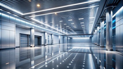 Obraz premium Futuristic Minimalistic Hall Interior with High Depth of Field, Modern Architecture and Clean Lines, Bright Lighting, Spacious Design, Sleek Materials, Tranquil Atmosphere, Open Space