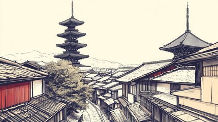 Kyoto, Japan. Vector hand drawn illustration in vintage style.