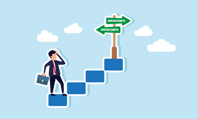 Businessman at the bottom of a staircase feel confused by a two way direction sign labeled OPPORTUNITY, illustration of confusion in choose business opportunities and chances