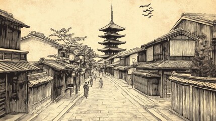 Kyoto, Japan. Vector hand drawn illustration in vintage style.