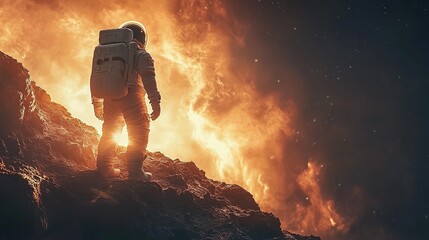 Fototapeta premium Astronaut explores fiery alien planet, space background