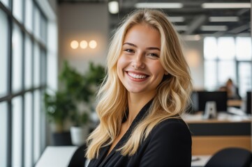 Female with blonde hair exhibiting warm smile in modern office 
