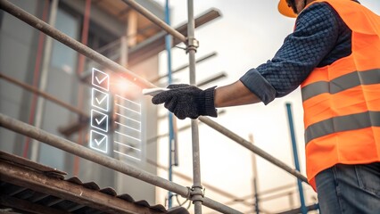 Construction Worker Using Digital Checklist on Site Safety Measures