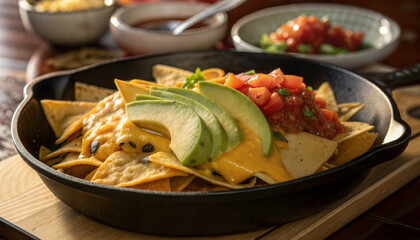 Nachos with melted cheese, avocado, and salsa in skillet