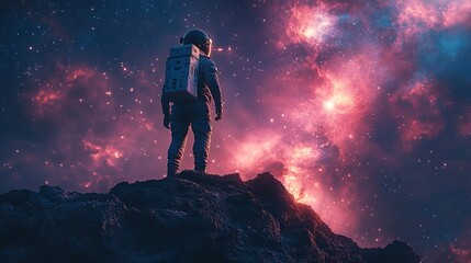 Astronaut gazing nebula, alien planet, space exploration, cosmic wonder