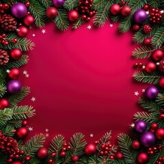 Festive red ornaments and pine branches create frame against bright red backdrop 