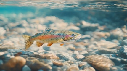 Naklejka premium Rainbow trout swimming in a crystal-clear stream.