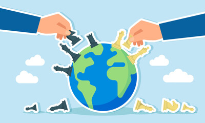 Two hands playing chess on top of the Earth, illustration of business game and business competition