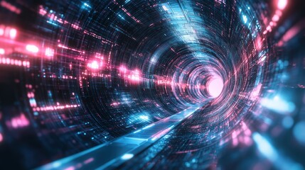 Obraz premium Digital data tunnel, futuristic travel, glowing code, abstract background, tech concept