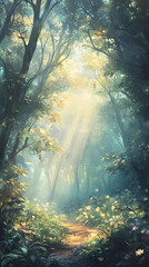 Obraz premium Enchanting Forest Clearing with Mist and Sunlight