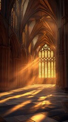 Obraz premium Sunlit cathedral aisle with stained glass