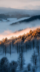 Fototapeta premium Calming Winter Landscape with Light Snow and Hovering Mist