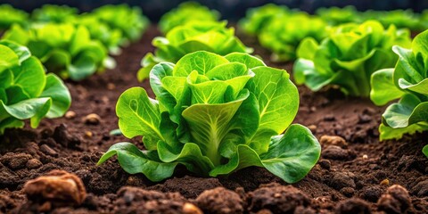 Lush Green Lettuce Plants in Rich Brown Soil - Top View of Organic Garden