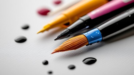 Artistic Paintbrushes and Ink Drops on White Surface