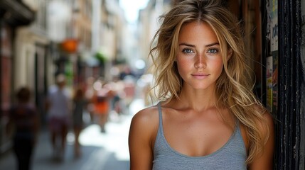 Fototapeta premium Young Woman with Freckles Poses in City Street