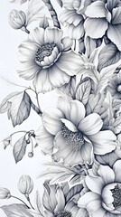 Digital vintage pen art flowers and leaf abstract graphic poster background