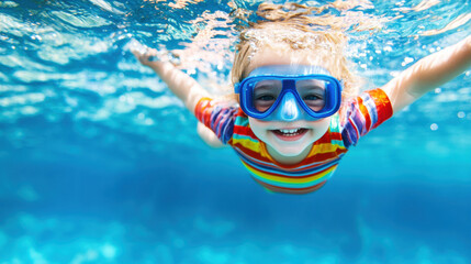 Fototapeta premium child gracefully swimming under turquoise water, wearing goggles and colorful striped shirt, radiating joy and excitement