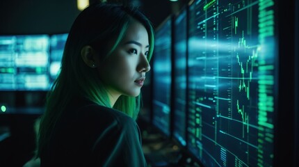 Naklejka premium Focused Female Analyzing Glowing Graphical Charts in Dark Room 