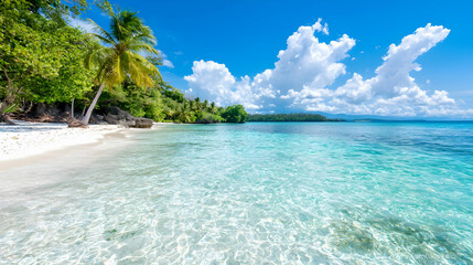 Fototapeta premium Tropical beach paradise calm turquoise water, white sand, palm trees, sunny sky