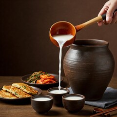 A hand pours traditional Korean rice wine, Makgeolli, from a wooden ladle into cups, accompanied by savory pancakes and kimchi side dishes.  
