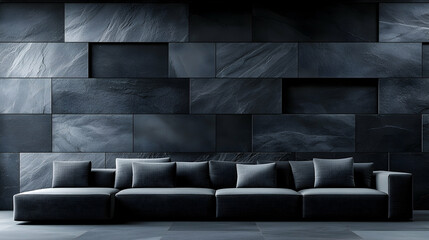 Fototapeta premium Dark gray sectional sofa in modern living room with stone wall