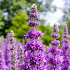 Obraz premium Vibrant purple flowers blooming in a sunlit meadow surrounded by lush green foliage