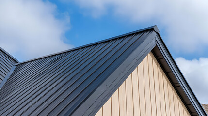 Fototapeta premium Modern house, dark metal roof, light wood siding, blue sky