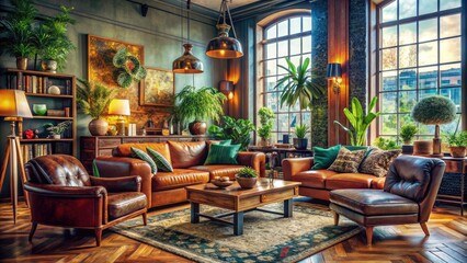 Modern Bohemian Living Room with Leather Chairs - Urban Exploration Photography, Cozy Interiors, Stylish Decor, Contemporary Design, Home Aesthetics, Warm Atmosphere, Interior Inspiration