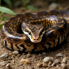 Fototapeta premium Close-Up of a Coiled Python with Intricate Patterns and Textures Resting on the Ground in Its Natural Habitat