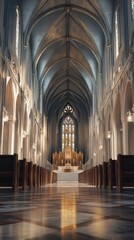 Fototapeta premium Grand church interior, sunlight beams.