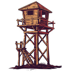 Wooden Watchtower on Stilts Surrounded by Natural Landscape