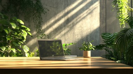 Laptop computer on a table in a modern interior with green plants and sunlight