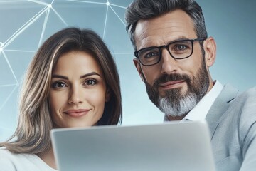 Caucasian adults using laptop with network background