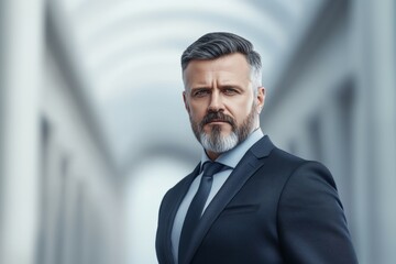 Mature caucasian male businessman in a suit standing in modern hallway