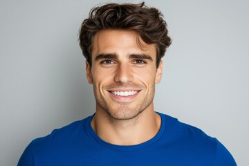 Obraz premium Smiling young caucasian male in blue shirt against gray background