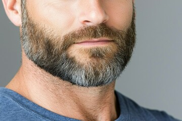 Obraz premium Bearded mature caucasian male with salt and pepper beard in blue shirt closeup