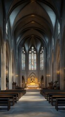 Fototapeta premium Grand church interior with stained glass