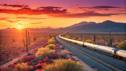 Obraz premium Serene Sunset Over Train Tracks in Desert Landscape with Cacti