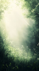 Fototapeta premium Sunlight Filtering Through Foggy Verdant Woods Wallpaper Design