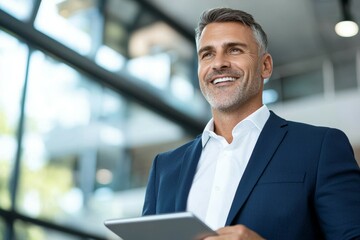 Fototapeta premium Mature caucasian male professional smiling in office with digital tablet