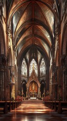 Fototapeta premium Grandiose church interior, sunlight streams in