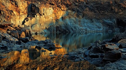 Reflections of light on the rocky cliffs and water surface at sunset with a golden tone