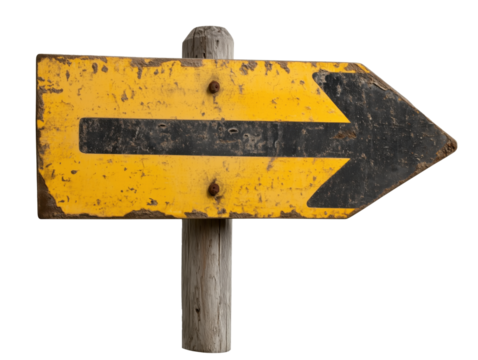 A faded yellow road sign features a bold black arrow pointing upward, indicating that the road ahead continues straight without deviation. - Powered by Adobe