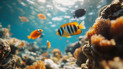 Fototapeta premium Vibrant coral reef scene with colorful fish swimming among corals in clear blue water