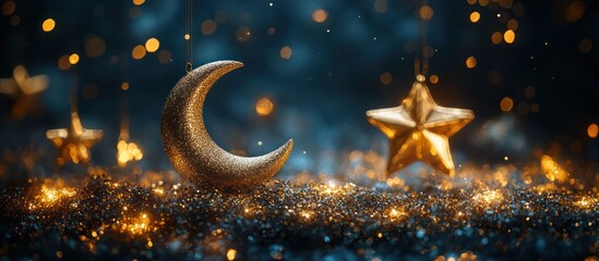Fototapeta premium Golden moon, stars, glitter night celebration